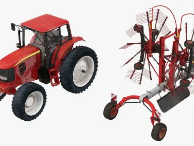 Tractor with Used Twin Rotary Rake Generic Parked 3D model