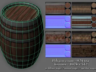 Banded Wooden Barrels Low-poly 3D model