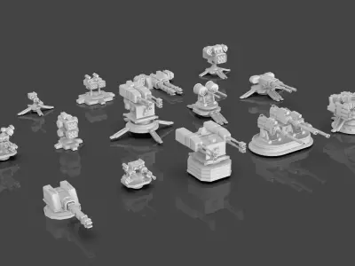 Turret and AA Gun Defense Pack - 2 - 15 Props - Untextured Low-poly 3D model