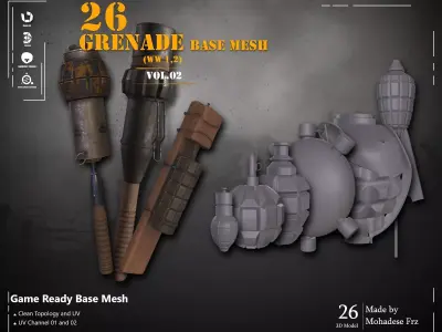 26 Grenade WW12 Base Mesh -VOL 02 - Game Ready Low-poly 3D model