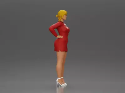 woman in red long hoodie with hands on hips showing elegance 3D print model