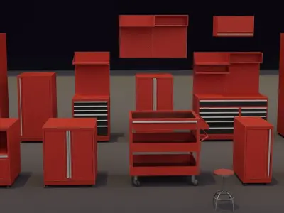 Modular Workshop Cabinets - Closets - Benches with Drawers Pack Low-poly 3D model