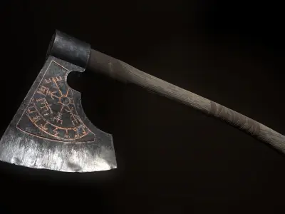Viking axe and shield with Midgard serpent Low-poly 3D model