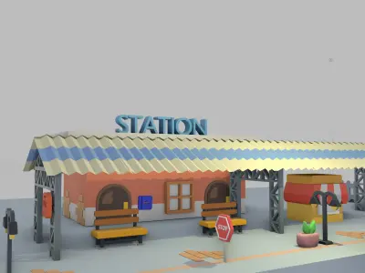 Low Poly Train Station  Low-poly 3D model