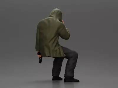 Man in hooded jacket sits alone holding gun feeling troubled 3D print model