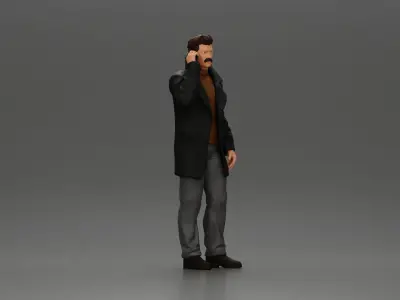 Turkish man in coat with sweater standing talking on mobilephone 3D print model