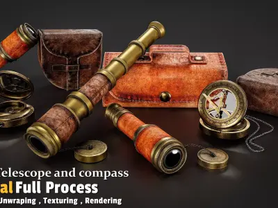 Pirate Telescope and compass Low-poly 3D model