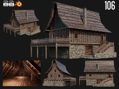 4 Old Medieval House Buildings Pack 4K GameReady 105 to 108 Low-poly 3D model