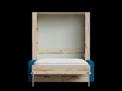 Maple Wood Blue Fabric Sofa Bed Opened 3D model