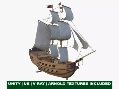 Sail Ship with Canon Animated Low-poly 3D model