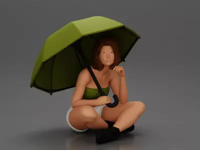 Pretty Girl with an Umbrella in bra and Shorts Sitting 3D print model