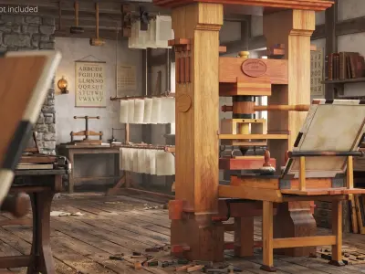 Gutenberg Printing Press with Ink Table Brown Vintage 3D model