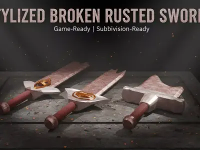 3 stylized rusted broken swords Game-ready Low-poly Low-poly 3D model