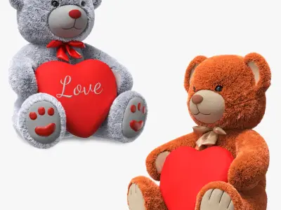 Teddy Bears Holding Heart Fur Collection 3D model
