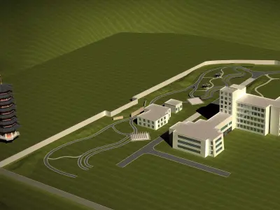 Architecture building in middle of grassy field 3D model