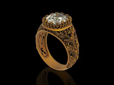 Cushion gem antique floral carving filigree ring 3D print model