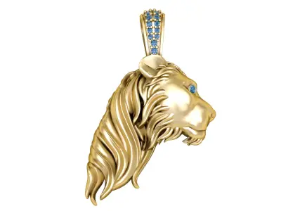 14K Gold Lion Head Pendant with Sapphire Accents 3D print model