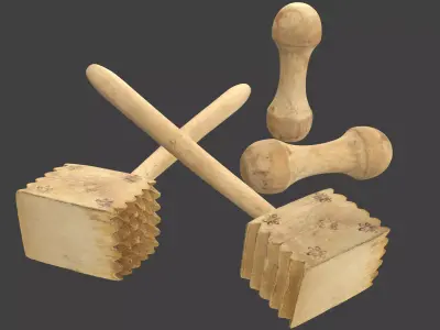 Wooden Kitchen Utensils - Meat Mallets and Rolling Pins Low-poly 3D model