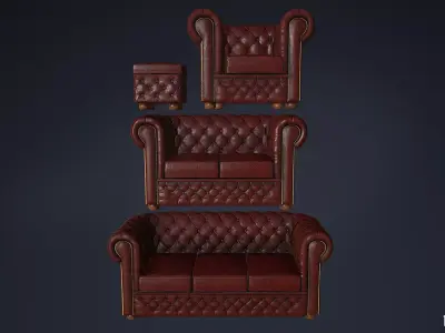 Leather Couch Chesterfield Set - Sofa Armchair - Game Ready Low-poly 3D model