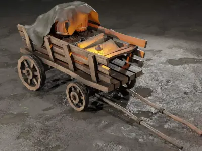 Stylized medieval cart with a lamp and a load Low-poly 3D model purchase