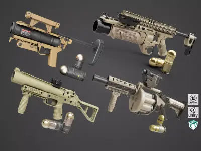 4 Grenade Launcher Brown All PBR Unity UE Textures Included 3D Model Pack