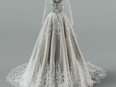 Wedding dress with train 3D model