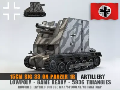 Low Poly 15 cm sIG 33 Sf on PzIB  Low-poly 3D model