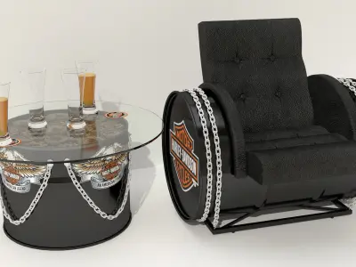 Armchair and table made of iron barrels with industrial decor 3D model