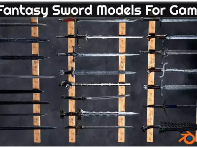 30 Fantasy Sword Models For Games with Textures Low-poly 3D model