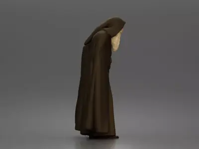 Wandering sage leans on staff wearing hooded cloak and robe 3D print model