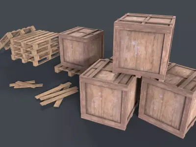 Wooden Pallet Box set game ready Low-poly 3D model