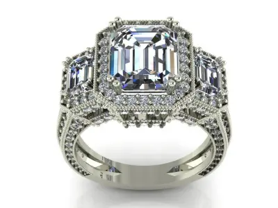 Emerald engagement ring 3 stone white gold 3D print model