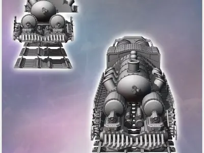 Steampunk train on double tracks with steam locomotive and trail 3D print model