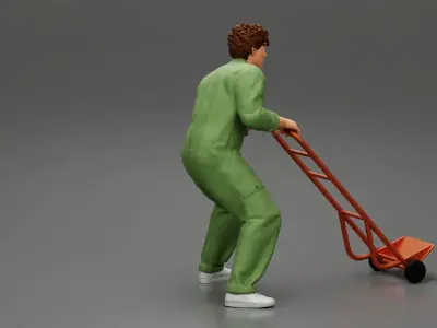 mechanical worker pushing a hand track trolley jack 3D print model