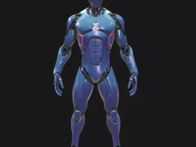blue sleek glossy batman like ear and red eye villain look robot Low-poly 3D model