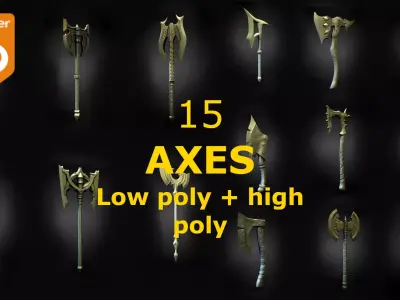 15 AXES Low poly and high poly Free 3D model