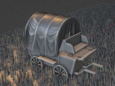 carriage wooden covered wagon in grass Low-poly 3D model