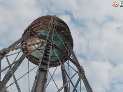 Old Rusty Water Tank Tower - Blue and Rust Low-poly 3D model
