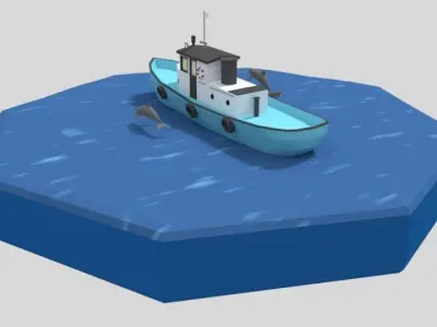 Low Poly Cartoon Fishing Boat and Dolphins Low-poly 3D model