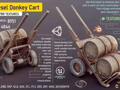Diesel Donkey Cart with Wooden Barrels 3D model
