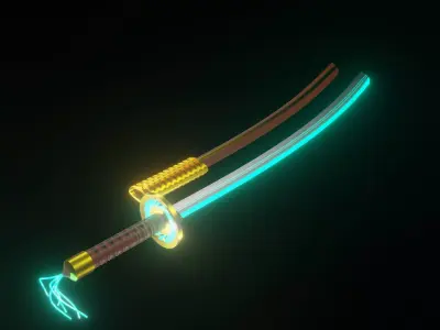 3d katana model with blue trim for game assets Low-poly 3D model