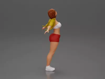 Auburn haired woman twirls with arms outstretched embracing 3D print model