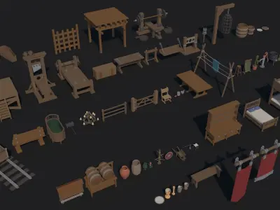 300 Fantasy Medieval Interior Exterior Furniture Prop Collection Low-poly 3D model