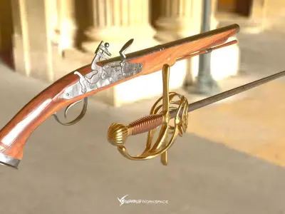 Flintlock Pistol and Rapier Sword Low-poly 3D model