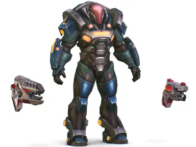 Male Cyborg Man Soldier with Rifle and Pistol Low-poly 3D model