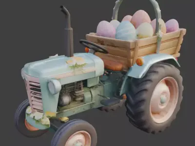 3D SPRING TRACTOR WITH EASTER EGG CART Low-poly 3D model