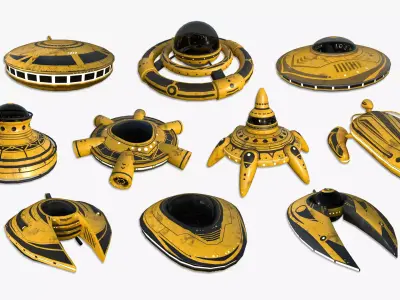10 Alien Spaceships UFO Collection H Yellow - Spacecraft Design 3D Model Pack