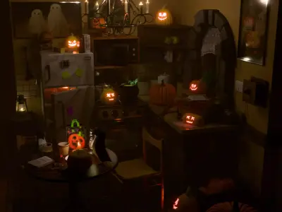 Isometric Halloween Room with Pumpkins Free 3D model