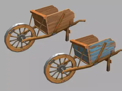 Low poly stylized wood cart with handpainted textures Low-poly 3D model