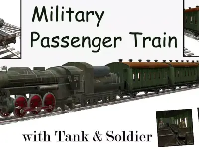 Military Passenger Train with Tank and Soldier Low-poly 3D model